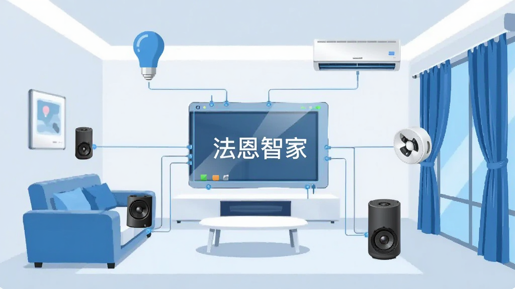 画面展示一个现代化的客厅场景,中央悬浮着一块半透明的智能控制面板,面板上显示
