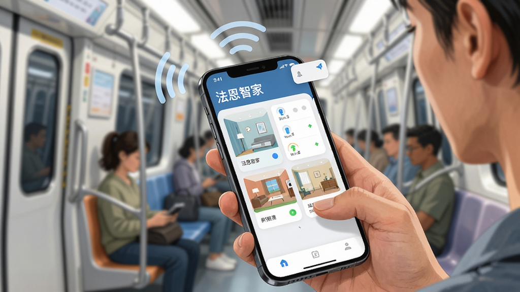 画面展示一个人在地铁上使用手机,手机屏幕显示