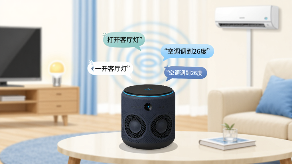 画面展示一个智能音箱放置在客厅茶几上,音箱上方有语音波纹,波纹中显示