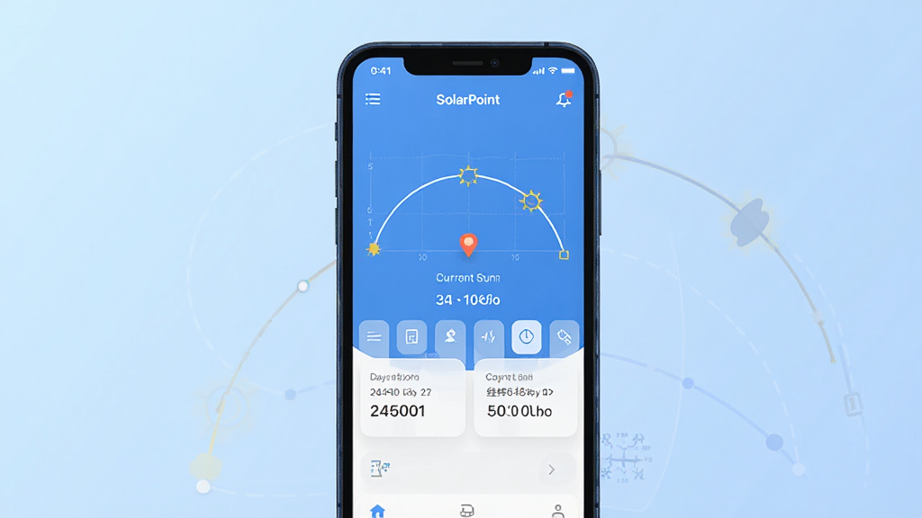 ����������չʾ������Ϊ�ֻ���Ļ��ʾ SolarPoint Ӧ�ý��棬��Ļ������̫���켣����ͼ�͵�ǰ̫��λ�ñ�ǣ��·������ڡ�ʱ�䡢��γ�����ݿ�Ƭ������Ϊ����ǳ��ɫ���䣬����Ϊ����չʾ�ֻ�����棬���Ϊ�ִ��Ƽ��б�ƽ����ƣ�ϸ�ڰ���������ͼ�갴ť�Ͱ�͸��������壬���ʸ��壬�ɾ����޶���Ԫ��