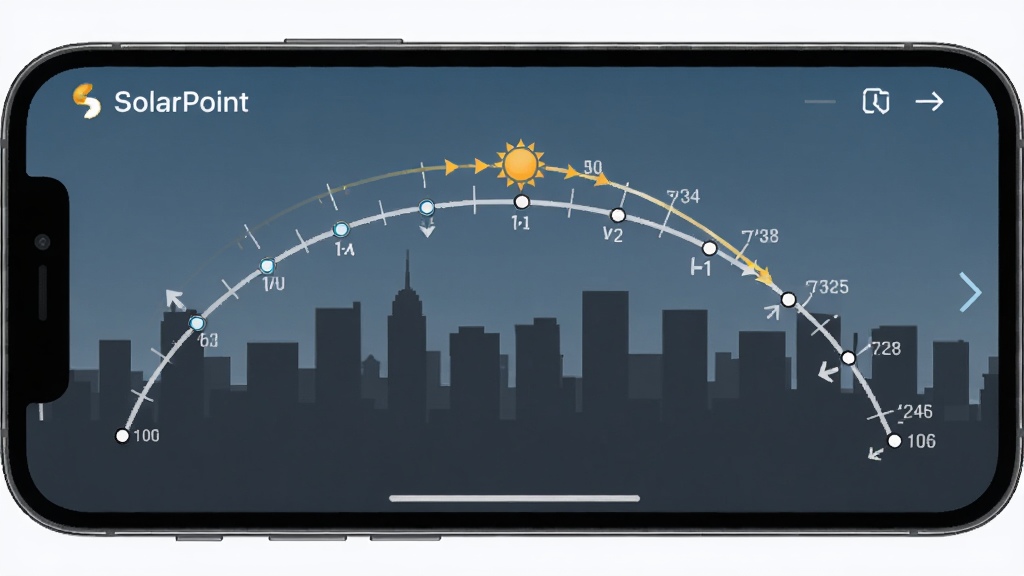 �ֻ���Ļ��ʾ SolarPoint ��̫���켣������棬����Ϊһ���Ӷ������Ļ��ι켣�ߣ��켣�����ж��ʱ��ڵ��ǣ���Ļ�Ϸ���̫��ͼ���ػ����ƶ�������Ϊ��������߼�Ӱ������Ϊ����չʾ�켣ͼ�����Ϊ������Ϣͼ���磬ϸ�ڰ����Ƕȿ̶��ߺͷ���ָʾ��ͷ�������������ɾ����޶���Ԫ��