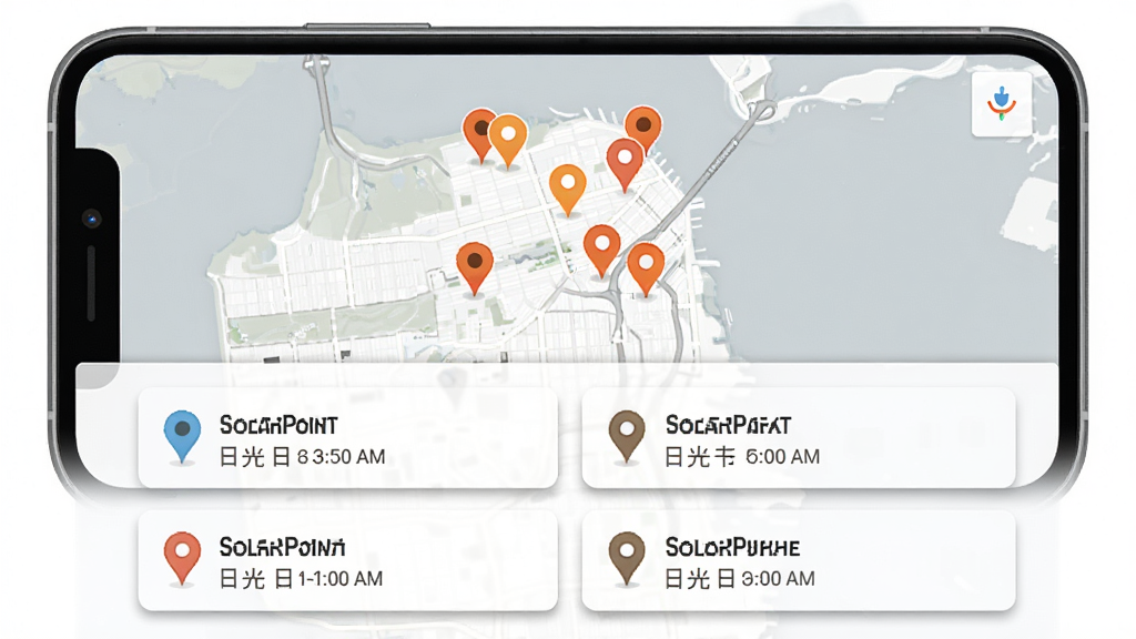 SolarPoint ���ߵ�ͼ���ղؽ��棬����Ϊ�ֻ���Ļ��ʾ���ж��ͼ����ǵĵ�ͼ����ͼ�·��еص��б���Ƭ����Ƭ����ʾ�ص����ƺ��ճ�����ʱ�䣬����Ϊǳ��ɫ��ͼ��ͼ������Ϊ��ͼռ���ϰ������б�ռ���°��������Ϊʵ�ù�����Ӧ�ý��棬ϸ�ڰ���������ͼ��ͼ��Ϳ�Ƭ��Ӱ�������������ɾ����޶���Ԫ��
