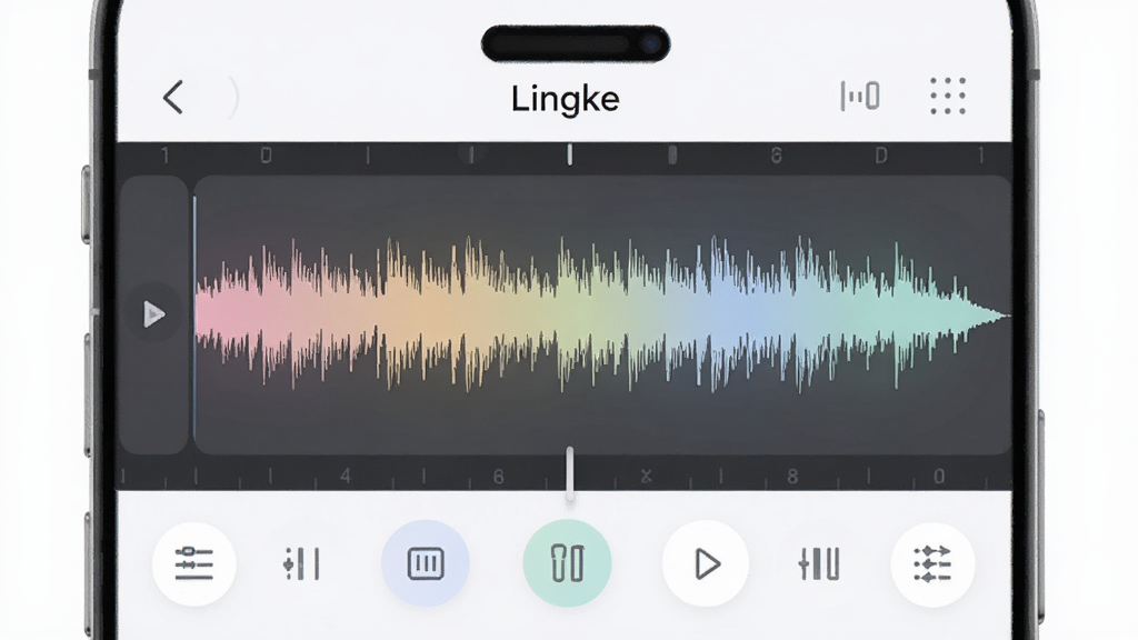 Lingke ��Ƶ¼����༭����ͼ������Ϊ�ֻ���Ļ����Ļ��ʾ��Ƶ���ι���ͱ༭�����������涥���� Lingke ���������ֲ����������У��Ϸ�Ϊ���ι�����·�Ϊ�༭��ť���������ǳɫ��ϸ���ϲ���ɫ����ͣ���ťͼ�����������ʸ��壬�ɾ����޶���Ԫ�ء�