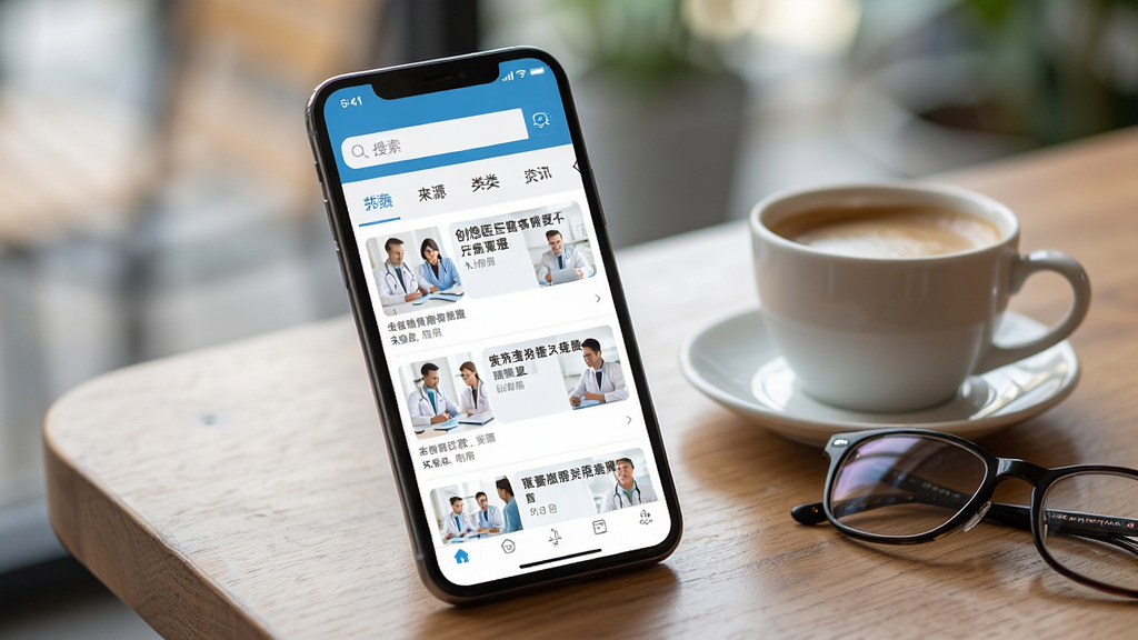 ����ҽ��App��ҽѧ��Ѷҳ��չʾ���ֻ���Ļ����ʾ����ҽ����������Ѷ�б����棬�������±��⡢��Դ������ͼ����Ļ�Ϸ����������ͷ����ǩ���ֻ�������ľ�������ϣ��Ա���һ�����Ⱥ�һ���۾��������黯������ͻ���ֻ���Ļ���ݡ����Ϊдʵ��Ʒչʾ���ϸ�ڷḻ�����ʸ��壬�ɾ��޶���Ԫ�ء�