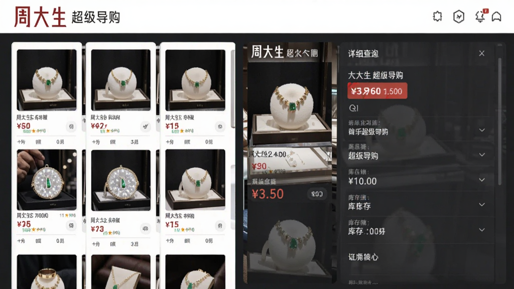 ����Ϊ�ܴ���������������Ʒ��ѯ���棬����Ϊ�����Ʒ����ͼ�Ҳ���ϸ��Ϣ��壬�Ű��������������Ϊ�ִ�����Ӧ�ý��棬ϸ�ڰ����鱦ͼƬ���۸��ǩ�������֣����ʸ���ɾ��޶���Ԫ��