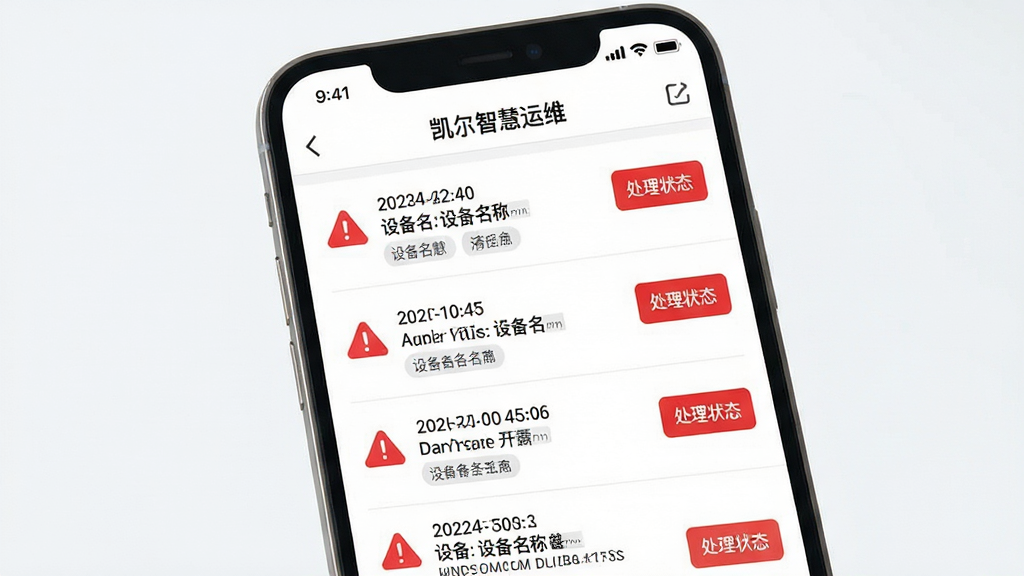 ��������Ϊ�ֻ���Ļ��д����ʾ�����ǻ���ά�ĸ澯��Ϣ�б����棬ÿ���澯���к�ɫ��ʾͼ���봦��״̬��ǩ�����ֲ������½ṹ���Ϸ�Ϊ�ֻ�����״̬�����·�Ϊ�澯��Ŀ�б����Ű����룬��Ŀ�����ȣ����Ϊ��ƽ��UI�����ɫ�԰׵׺��Ϊ����ϸ�ڰ����澯ʱ������豸��������������������ť��Ŀ�����ʸ��壬�ɾ��޶���Ԫ�ء�