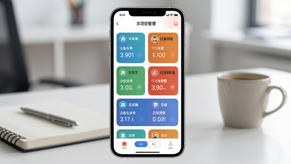 ���������Ǻ�������APP�Ķ���Ŀ�������棬��Ļ���Կ�Ƭ��ʽ�г������Ŀ���ƣ�ÿ����Ƭ��ʾ����Ŀ�µ��豸�����ʺͽ��ձ����������ֻ���Ļ�·����л���ǩ�������Ǽ��İ칫�����������Ϸ��бʼǱ��Ϳ��ȱ����������ֻ���ĻΪ�Ӿ����ģ������ʶ��黯�����Ϊ�ִ���Լ�磬ϸ�ڰ�����ƬԲ�ǡ�ͼ����ɫ����Ļ�߹⡣�����������ɾ����޶���Ԫ�ء�