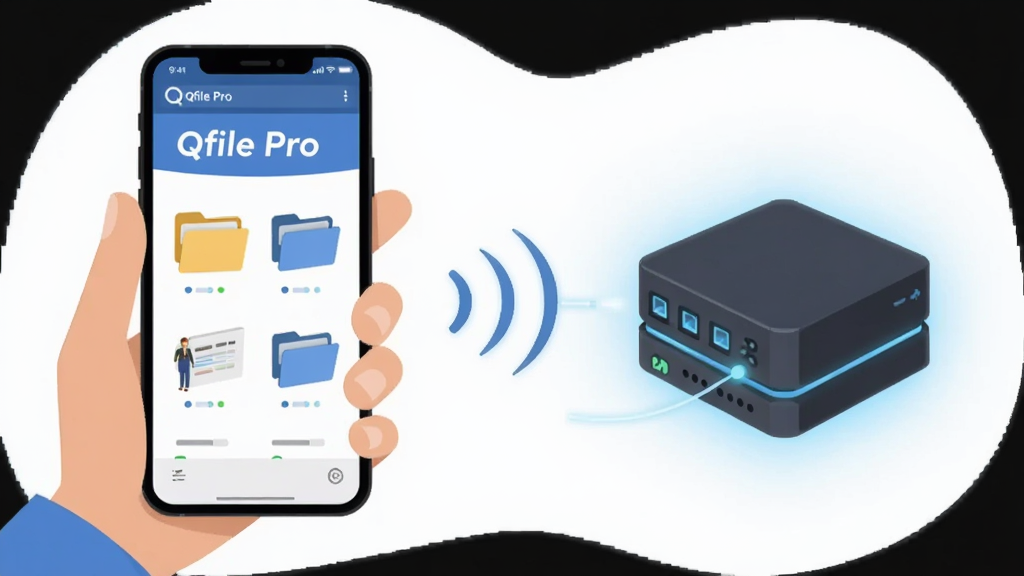 һ����� Qfile Pro Զ�̷��ʹ��ܵĲ廭��������һ���û������ֻ����ֻ���Ļ��ʾ Qfile Pro ���沢���ӵ�һ������� NAS �豸ͼ�ꡣ����Ϊ���ҷֲ���������ֻ����Ҳ��� NAS���Ű��ࡣ���Ϊ��ƽ���Ƽ��廭��ϸ�ڰ��������źŲ��ơ��ļ���ͼ��͡�Qfile Pro�����ֱ�ʶ�������������ɾ����޶���Ԫ�ء�