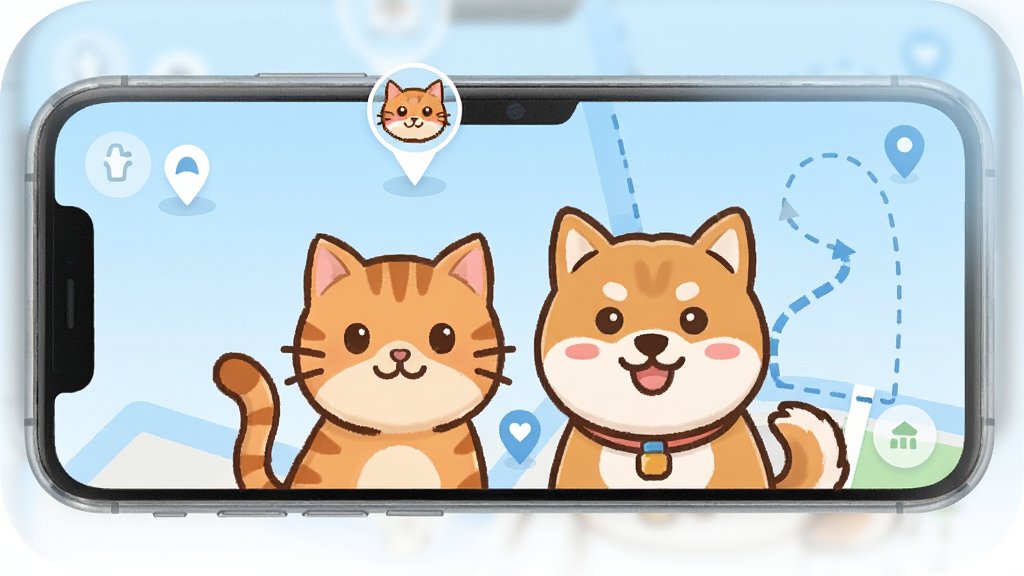 Ȥצӡ ���ﶨλ׷��APP����չʾ���ֻ���Ļ������ʾ��ͨ����ͷ�����ͼ��λ��ǣ�����Ϊǳ��ɫ���䣬����Ϊһֻ��è��һֻ��Ȯ�Ŀ�ͨ���󣬲���Ϊ�ֻ�����ͼ���У��Ű��࣬������¿ɰ���ϸ�ڰ�����λͼ�ꡢ�켣·�ߡ���ȫΧ�����ߣ����ʸ��壬�ɾ����޶���Ԫ��