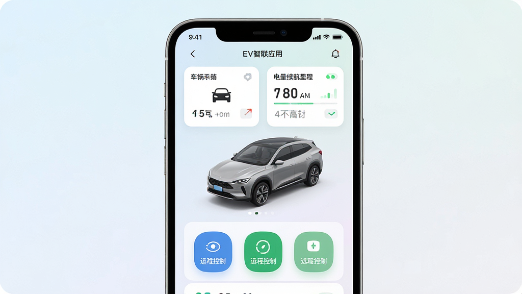 EV����Ӧ��������չʾ���ֻ���Ļ���У�������ֳ���״̬��Ƭ������������̡�Զ�̿��ư�ťͼ�꣬����Ϊǳɫ���䣬���ּ������������ִ��Ƽ��У�ϸ�ڰ�������3Dģ����������壬���ʸ���ɾ��޶���Ԫ��