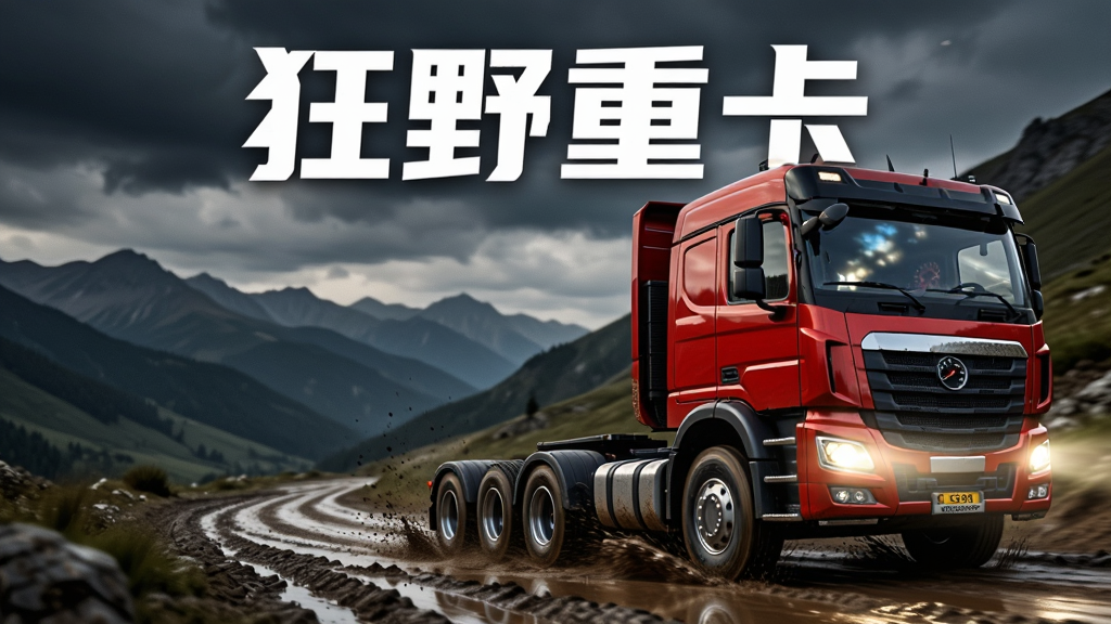 画面主体是一辆红色重型卡车行驶在泥泞山路上的场景,画面布局采用三分法构图,卡车位于画面右下角向左上方行驶,背景是连绵起伏的山脉和阴沉天空,排版上画面中央偏上位置用白色粗体字写着“狂野重卡”,风格为写实3D游戏渲染风格,细节包括卡车轮胎溅起的泥浆、车头大灯照射出的光晕、驾驶室内的仪表盘反光,画质要求4K超高清、画面干净、无多余元素。
