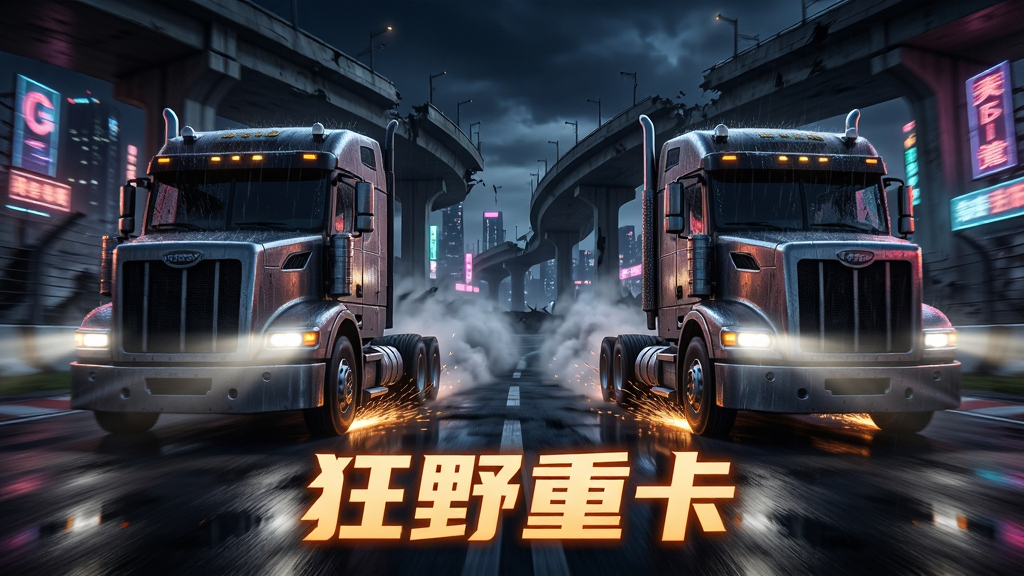 画面主体是两辆重型卡车在夜间城市废墟赛道上并排竞速的场景,画面布局采用对称构图,两辆卡车分别位于画面左右两侧向中间视角方向驶来,背景是破碎的高架桥和闪烁的霓虹灯牌,排版上画面底部用橙色发光字体写着“狂野重卡”,风格为赛博朋克写实3D渲染风格,细节包括卡车前照灯的光束穿透烟尘、轮胎与地面摩擦产生的火花、车身表面的雨水反光,画质要求4K超高清、画面干净、无多余元素。