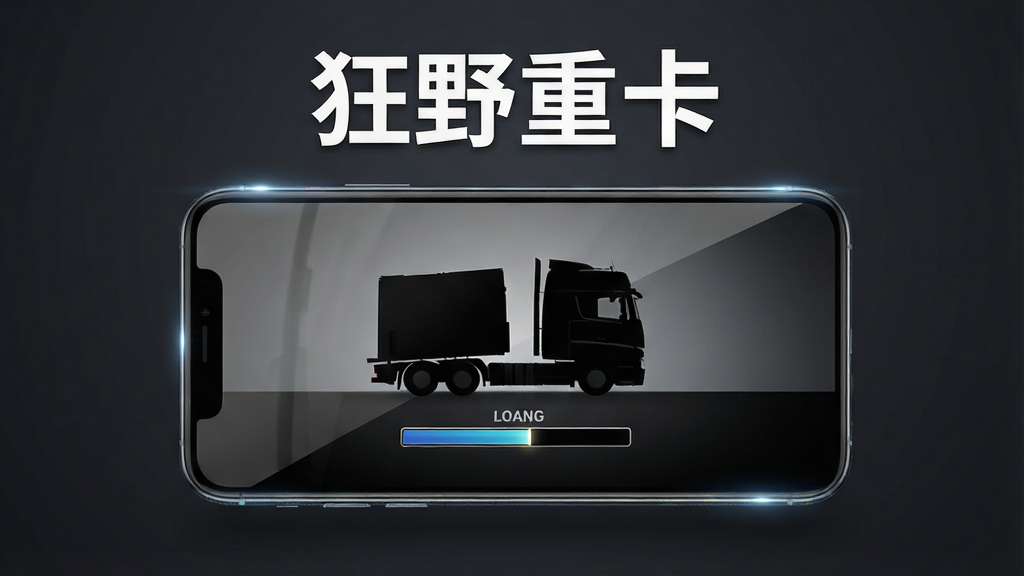 画面主体是一部智能手机屏幕显示狂野重卡游戏加载界面,画面布局采用居中构图,手机位于画面正中央略微倾斜,背景是深灰色渐变,排版上画面顶部用白色字体写着“狂野重卡”,风格为科技感产品展示风格,细节包括手机屏幕上的卡车剪影、加载进度条、屏幕边缘的环境光反射,画质要求4K超高清、画面干净、无多余元素。