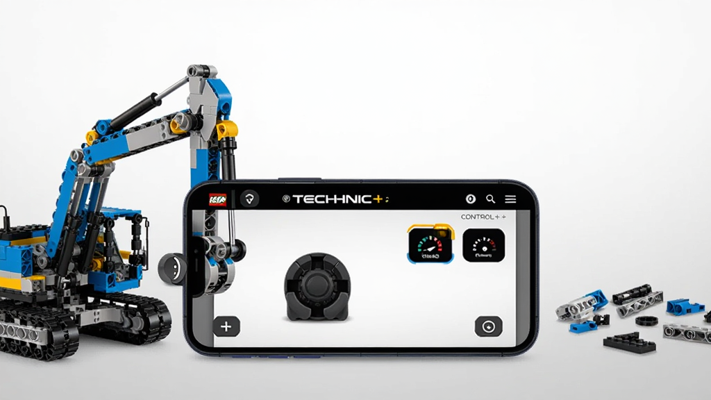 ��������Ϊһ������ڷŵ������ֻ�����Ļ����ʾ�ָ� TECHNIC CONTROL+ Ӧ�������棬��������ھ��ģ�Ϳ���ҡ�����Ǳ���ͼ�꣬�ֻ�������һ̨�ָ߻�е���ھ��ģ�ͣ�ģ�ʹ�����ɫ���ɫ��ľ�ṹ���Ҳ�ɢ�������ָ߻�е��������岼�ֲ������Ҿ��⹹ͼ���ֻ���ģ��λ�ڻ�������ƫ�£�����Ϊǳ��ɫ���䣻�Ű��࣬�������������Ӿ����������Ϊдʵ��Ʒ��Ӱ�磬������;��ȣ�ϸ����ͻ���ֻ���Ļ��UIͼ����ģ�ͻ�ľ�����������������ɾ����޶���Ԫ�أ��ֱ���4K���ʺ�����վ��ͼʹ�á�