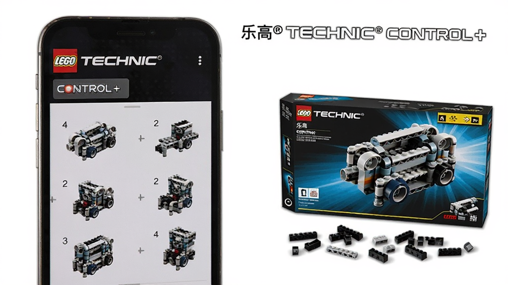 ��������Ϊ�ָ� TECHNIC CONTROL+ Ӧ���еĵ���ƴ��˵������棬��Ļ��ʾ3D��ľƴ��裬�ֻ��Ҳ����һ���ָ߻�е���װ����ɢ���ľ�����ֲ������ҹ�ͼ���ֻ�λ����࣬��װ��λ���Ҳࣻ���Ϊ���������Ĳ�Ʒչʾ�磬����Ϊ��ɫ��ϸ����ͻ����Ļ�е�3Dģ���벽����ţ������������ɾ����޶���Ԫ�أ�ͼ�пɼ��롰�ָ� TECHNIC CONTROL+�����ֱ�ǩ��