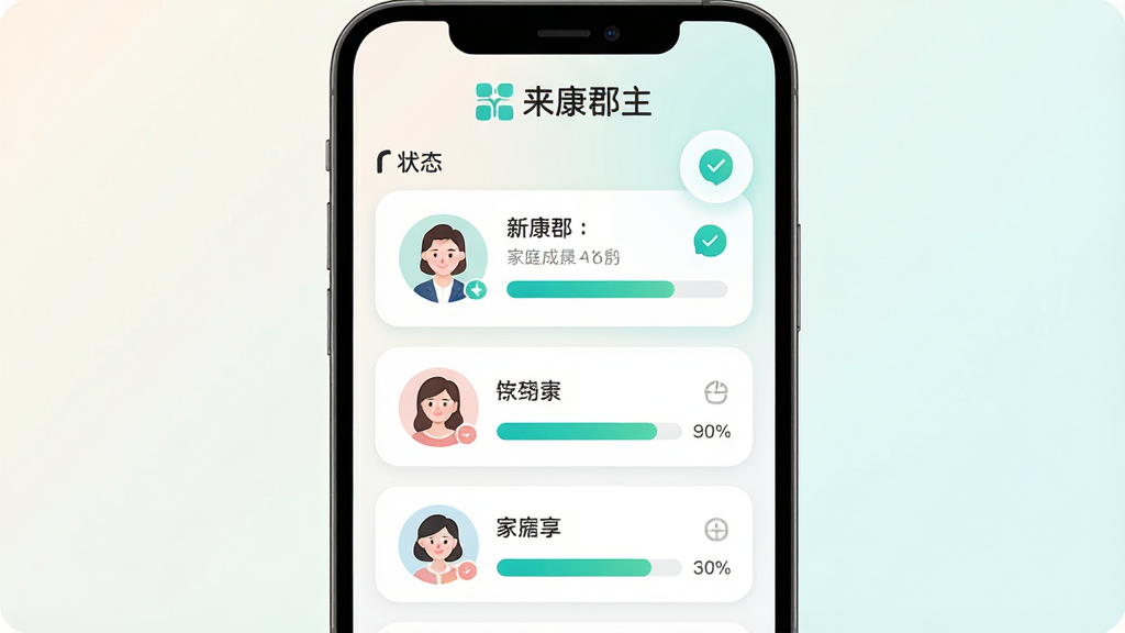 һ����������Ӧ���ڼ�ͥ������������չʾ�廭����������Ϊ�ֻ���Ļ����ʾ��ͥ��Ա����������Ƭ��ͬ��״̬ͼ�꣬��Ļ�Ϸ��������������ֱ�ʶ������Ϊ�������еļ�ͥ��Ա�б������Ϊ���Բ��UI��ƣ�ϸ�ڰ���ͷ��Բ�Ρ�������Ϊ����ɫ������Ϊǳɫ���䣬���ʸ���ɾ����޶���Ԫ��