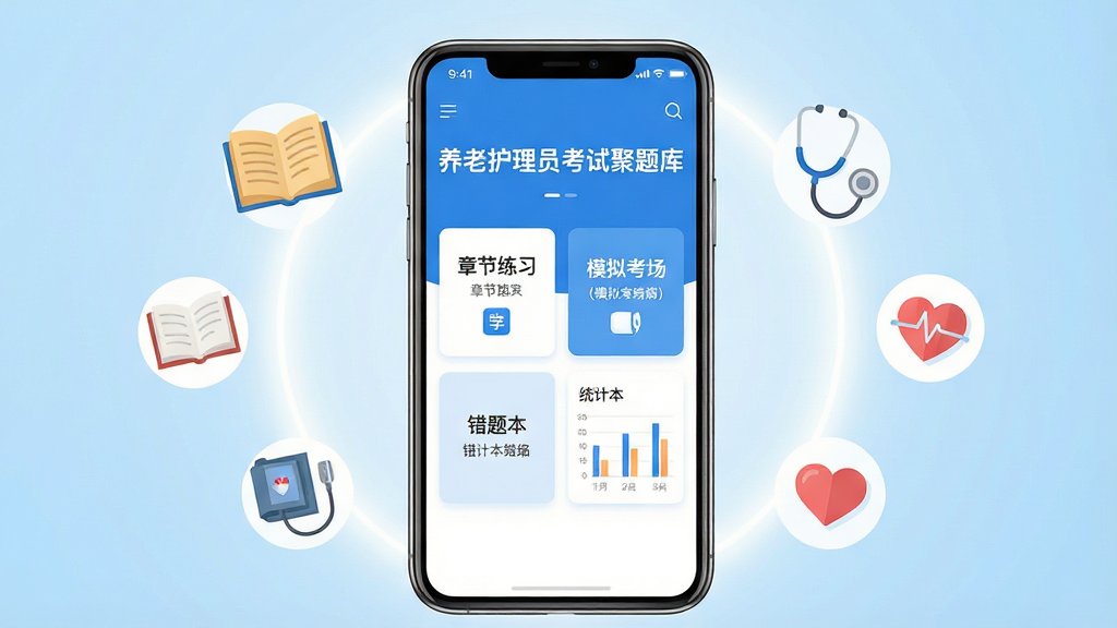 һ��չʾ�ֻ�APP����Ĳ�Ʒ����ͼ��������������һ��ȫ���������ֻ����ֻ���Ļ��ʾ�����ϻ���Ա���Ծ���⡱����ɫ�����棬�����а����½���ϰ��ģ�⿼�������Ȿ��ͳ��ͼ���ȿ�Ƭ��ť���ֻ���ΧƯ�����鱾����������Ѫѹ�ơ����ĵ������ϻ�����صı�ƽ��ͼ�꣬����Ϊǳ��ɫ����Ӱ�ɫ���Σ����岼�־��жԳƣ�������ִ��Ƽ��У�ϸ������������׼ȷ��ʾ�����ϻ���Ա���Ծ���⡱�����ʸ��壬�ɾ��������޶�������Ԫ��
