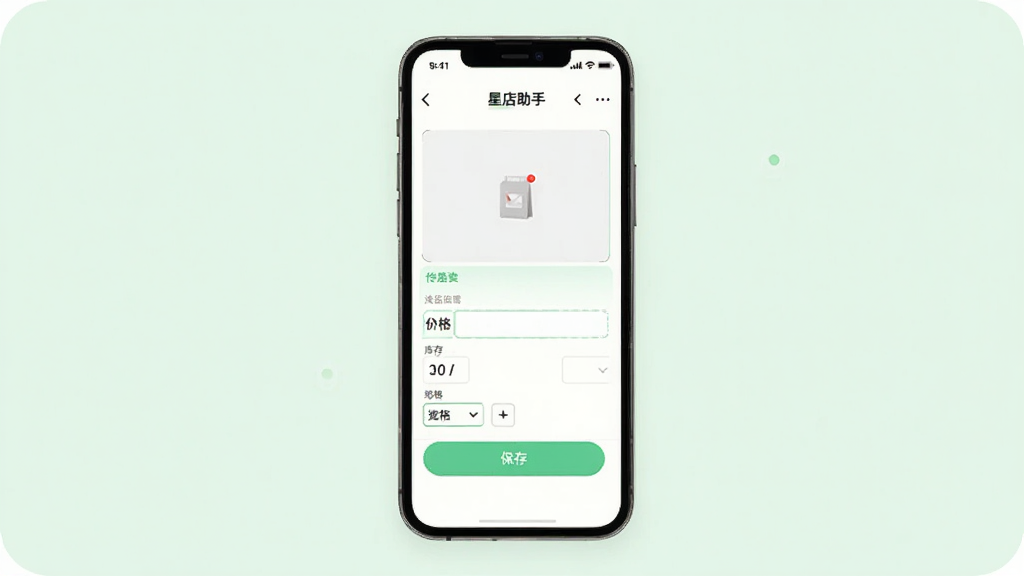 �ǵ�������Ʒ�༭����չʾͼ�������������ֻ���Ļ��ʾ�ǵ�����App����Ʒ�༭ҳ�棬ҳ��������ƷͼƬ�ϴ��򡢼۸�����򡢿�����ֺ͹��ѡ�����Ϊ��͵�ǳ��ɫ���������ʵ�ã�ϸ�ڰ�����������״̬�����水ť�ͷ��ؼ�ͷ�������������ɾ��޶���Ԫ�ء�
