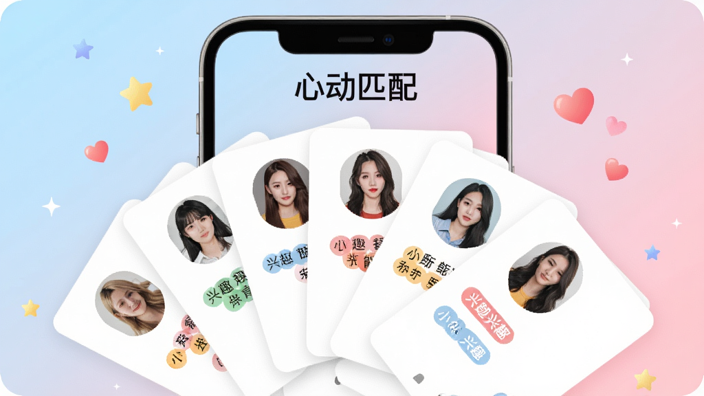 һ��չʾ��������Ӧ������ƥ�书�ܵĻ��棬�ֻ���Ļ����ʾ����û���Ƭ������չ������Ƭ����ͷ�����Ȥ��ǩ����Ļ�Ϸ��С��Ķ�ƥ�䡱����������Ϊǳ��ɫ���ɫ����ͽ��䣬��׺�����ǺͰ���ͼ�꣬������¼�࣬���ʸɾ��������޶���Ԫ��