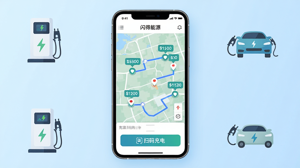 ����Ϊһ�������ֻ�����Ļ����ʾ��������Դ��APP�ĳ���ͼ���棬��ͼ���ж�����վ��ǣ��ײ���ɨ���簴ť������Ϊ�ֻ����з��ã�����Ϊǳ��ɫ���䣬��Χ���Ƴ��׮���綯�����ȼ�Լͼ�ꡣ�Ű��࣬���Ϊ�ִ��Ƽ��б�ƽ����ơ�ϸ�ڰ�����Ļ�ϵĳ��۸��ǩ������·�ߡ������������ɾ����޶���Ԫ�ء�