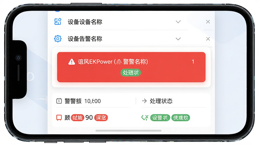 ���EKPower�����澯��¼���豸��������ͼ������Ϊ�ֻ���Ļ����ʾ�豸�б����ɫ�澯��ʾ��Ƭ������Ϊ���½ṹ���Ϸ�Ϊ�豸�����б����·�Ϊ�澯ʱ���봦��״̬�����Ϊ��ˬǳɫ����磬ϸ�ڰ���ͼ�ꡢ�ָ��ߺ�״̬��ǩ�����ʸ��塢�ɾ����޶���Ԫ��