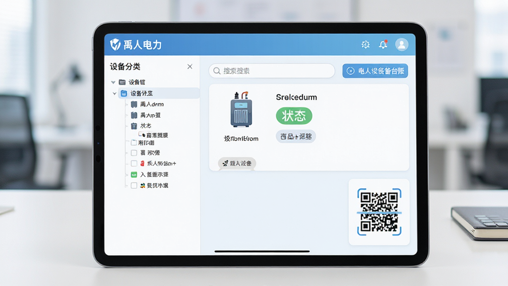 ����Ϊһ̨ƽ�����չʾ�����豸̨���б����棬���ֲ�������豸���������Ҳ����鿨Ƭ��˫���ṹ���Ű湤�������Ϊ����ǳɫ����磻ϸ�ڰ����豸ͼ�ꡢ״̬��ǩ�������򡢶�ά��ɨ�谴ť�����ʸ��壬����ɾ����޶���Ԫ�أ����涥����ע�����˵�����