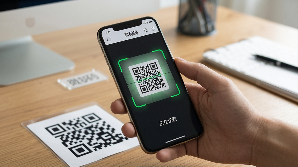 һ��չʾ΢��appɨ��ʶ���ܵ�ͼƬ��������һֻ�������ֻ����������ϵĶ�ά�����ɨ�裬�ֻ���Ļ����ʾ΢��app��ɨ����棬ȡ����������ɫ��������Ļ�·���ʾ