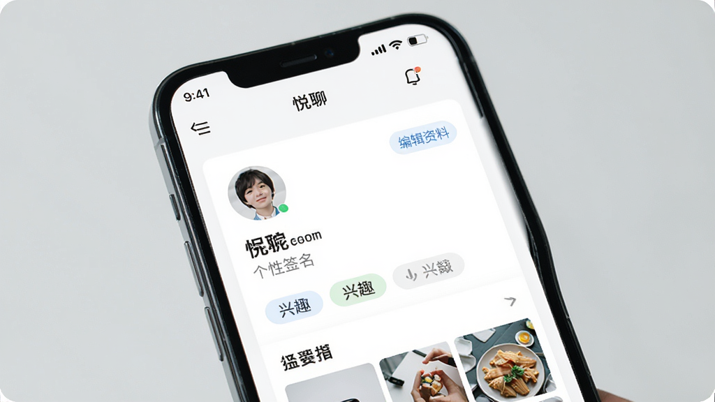 一部手机展示“悦聊”个人主页界面,画面中包含圆形头像、昵称文字、个性签名、兴趣标签胶囊按钮,背景为白色卡片式布局,风格清新简洁,细节有编辑资料按钮和相册缩略图,画质高清,干净,无多余元素