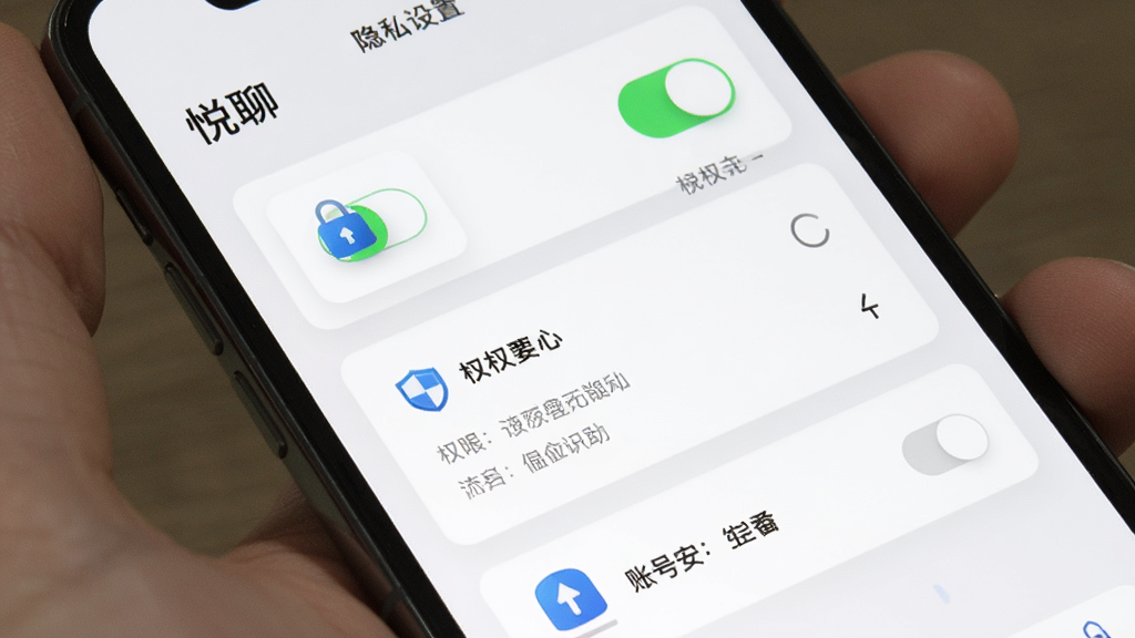 手机屏幕展示“悦聊”隐私设置页面,画面中包含多个开关按钮、权限选项列表和账号安全入口,背景为浅色卡片布局,风格规整清晰,细节有锁形图标、盾牌图标和文字标签,画质清晰,干净,无多余元素