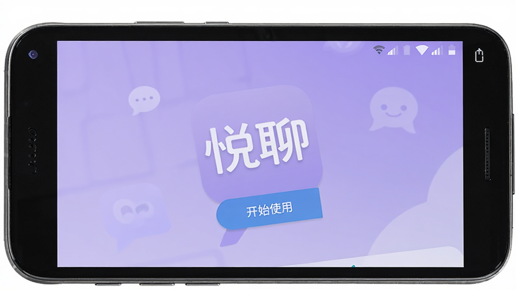 一部安卓手机屏幕上显示“悦聊”应用安装完成后的欢迎界面,画面中央有“悦聊”文字标识和开始使用按钮,背景为淡紫色渐变,风格简洁友好,细节有手机边框和状态栏图标,画质高清,干净,无多余元素
