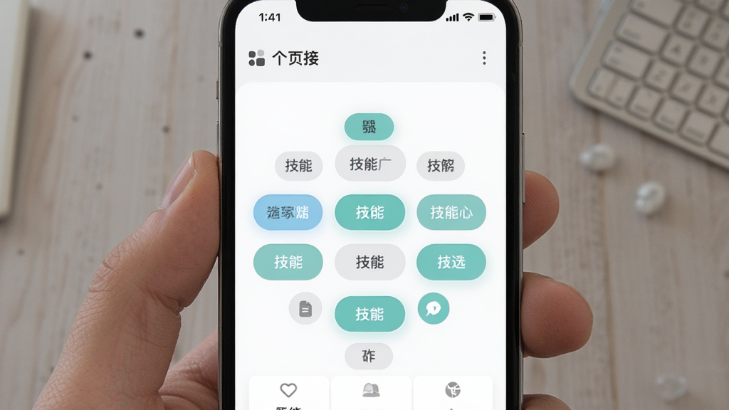 �Ҹ��˽ӵ��˼��ܱ�ǩ���ý��棬����Ϊ�ֻ���Ļ��չʾ������ܱ�ǩѡ������ѡ��ǩ�����ֲ����������б�ǩ����ʽ���Ű������׵�ѡ�����Ϊ��Լǳɫϵ��ƽ����ϸ�ڰ���ѡ�и���״̬�����ͼ�꣬���ʸ���ɾ��޶���Ԫ��