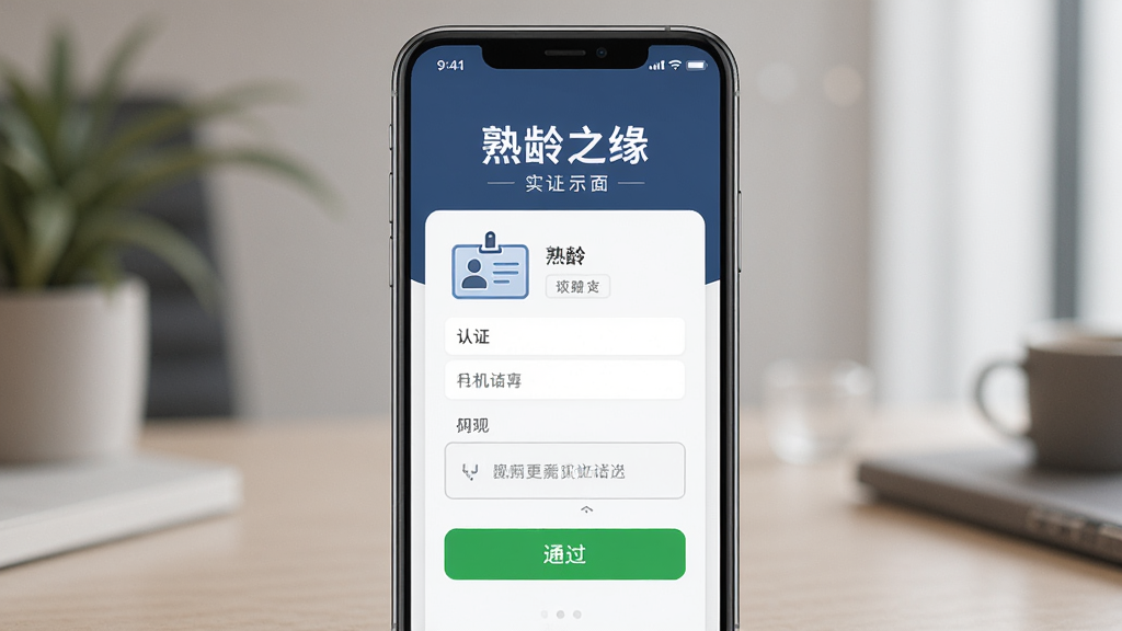 熟龄之缘手机应用实名认证界面示意图,画面主体为手机屏幕显示熟龄之缘认证页面,布局为居中手机展示,排版采用上下结构上方标题下方认证表单,风格简洁商务,细节包括身份证图标、手机验证码输入框和绿色通过按钮,画质高清干净无多余元素
