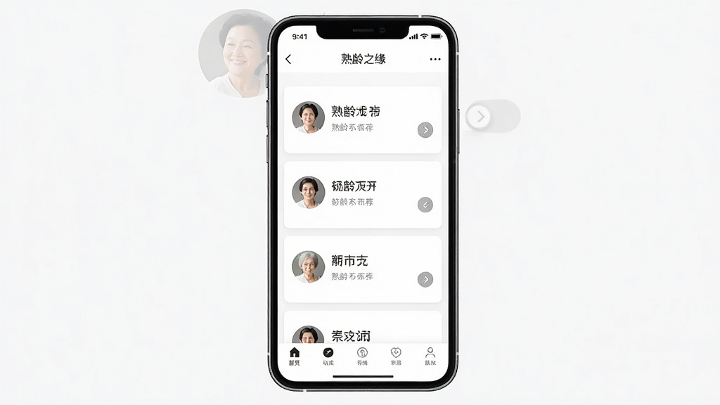 熟龄之缘应用主界面展示图,画面主体为一部智能手机竖向放置,屏幕显示熟龄之缘首页好友推荐卡片列表,布局为居中构图,排版上方为状态栏中间为卡片列表下方为导航栏,风格清爽简约,细节包括大字体用户名、圆形头像和滑动提示箭头,画质高清干净无多余元素