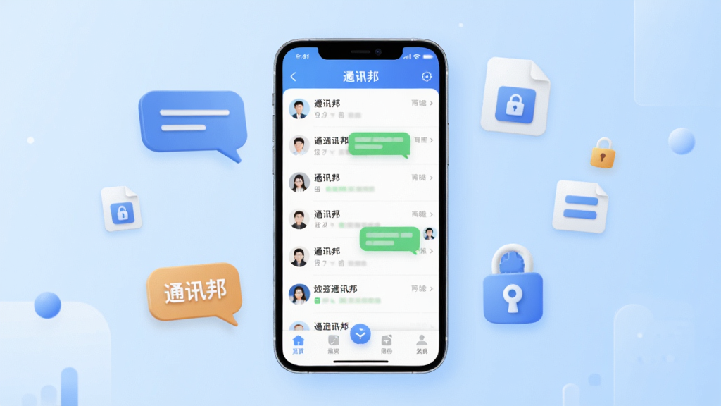 一张展示通讯邦软件主界面的横版宣传图,画面中央是手机屏幕,屏幕内显示通讯邦聊天列表与底部导航栏,背景为浅蓝色渐变,周围环绕聊天气泡、文件图标、锁形安全图标等元素,布局为左中右三分构图,风格为扁平化科技风,细节包含圆角图标与柔和阴影,画质清晰干净,无多余元素,图片中文字标注“通讯邦”