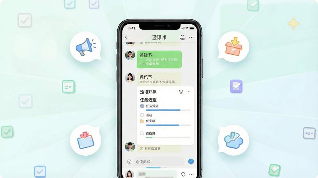 一张展示通讯邦群组协作功能的场景图,画面中央为手机屏幕,屏幕内显示群组聊天界面与任务看板卡片,周围漂浮公告图标、投票图标、接龙图标,布局为居中放射状构图,风格为清新浅色风,细节包含复选框与进度条,画质清晰干净,无多余元素,图片中文字标注“通讯邦”