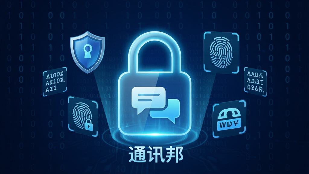 一张展示通讯邦安全加密功能的视觉图,画面中央为一把发光的锁形图标,锁内部显示聊天气泡,周围环绕盾牌、指纹、加密字符等元素,背景为深蓝色科技纹理,布局为居中对称构图,风格为安全科技风,细节包含二进制代码与光晕效果,画质清晰干净,无多余元素,图片中文字标注“通讯邦”
