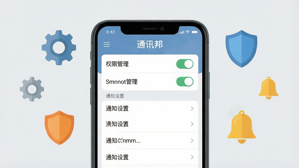 一张展示通讯邦手机端设置界面的截图风格图,画面中央为手机屏幕,屏幕内显示权限管理与通知设置选项,周围环绕齿轮图标、盾牌图标、铃铛图标,背景为浅灰色,布局为居中构图,风格为扁平化UI风,细节包含开关按钮与列表项,画质清晰干净,无多余元素,图片中文字标注“通讯邦”