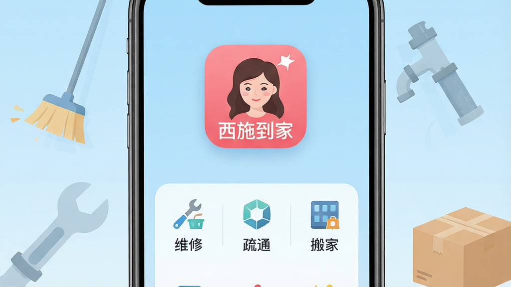手机屏幕中央显示“西施到家”应用图标,图标下方是整洁的服务分类宫格,包括保洁、维修、疏通、搬家等图标,背景为浅蓝渐变,周围有半透明的生活场景插画元素,如扫把、扳手、水管、纸箱,整体布局居中对称,风格清新扁平化,细节干净,画质清晰,无多余元素
