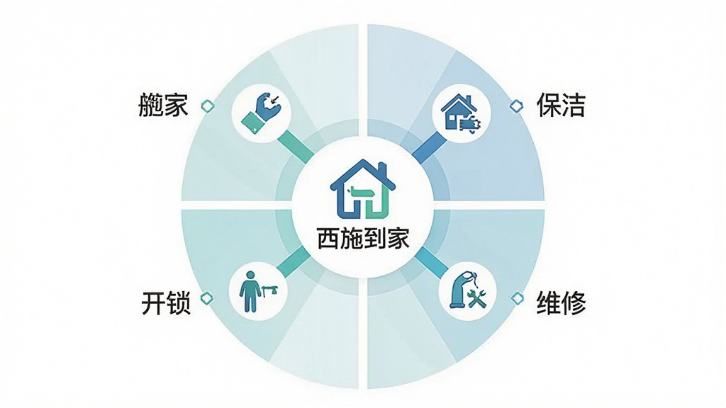 一张信息图表风格的插图,画面中央是一个圆形辐射图,中心是“西施到家”图标,向外延伸出保洁、维修、疏通、开锁、搬家、跑腿六个分支,每个分支配有对应的小图标,背景为白色,布局对称清晰,风格简约商务,细节干净,画质清晰,无多余元素