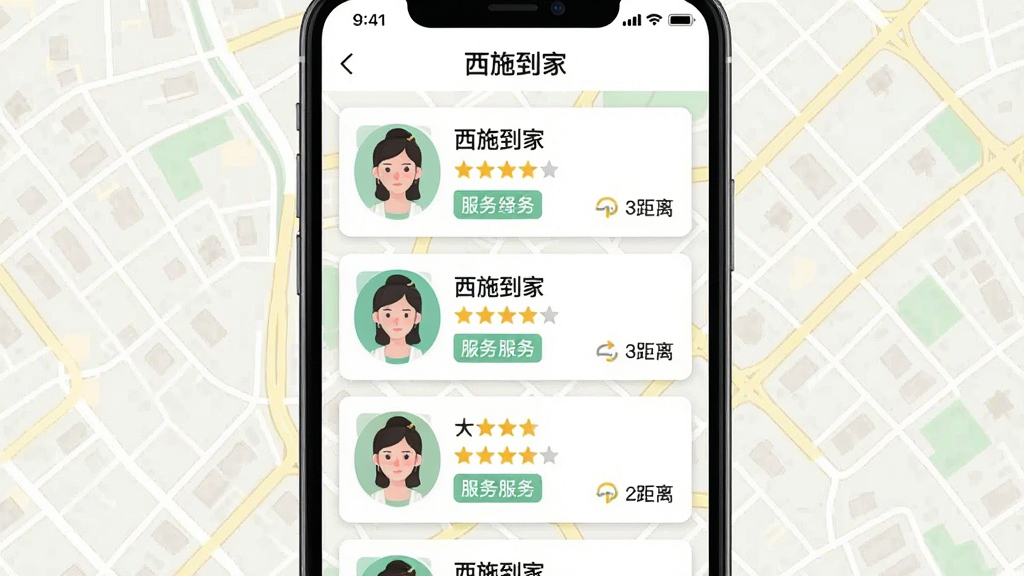 一张手机界面截图风格插图,画面中央是“西施到家”的师傅列表页,每个师傅卡片上有人像、评分星星、服务标签和距离信息,背景是城市街区地图的浅色底纹,布局为纵向列表,风格简洁明快,细节清晰,画质干净,无多余元素