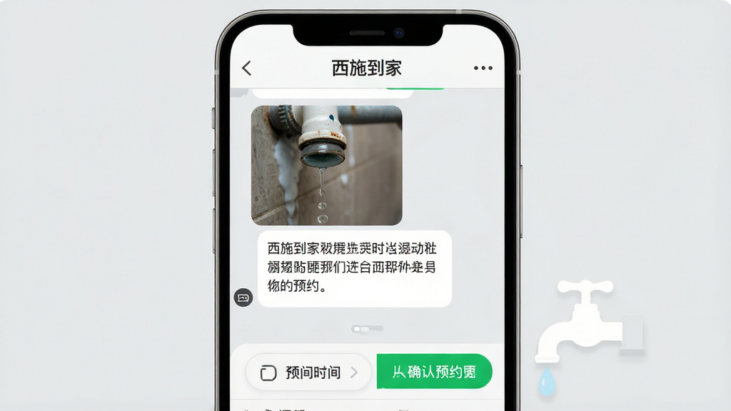 手机聊天界面插图,顶部显示“西施到家”聊天窗口,对话气泡中包含一张水管漏水的照片和文字描述,下方有预约时间选择按钮和确认预约的绿色按钮,背景为浅灰色,布局为上下结构,风格清爽现代,细节清晰,画质干净,无多余元素