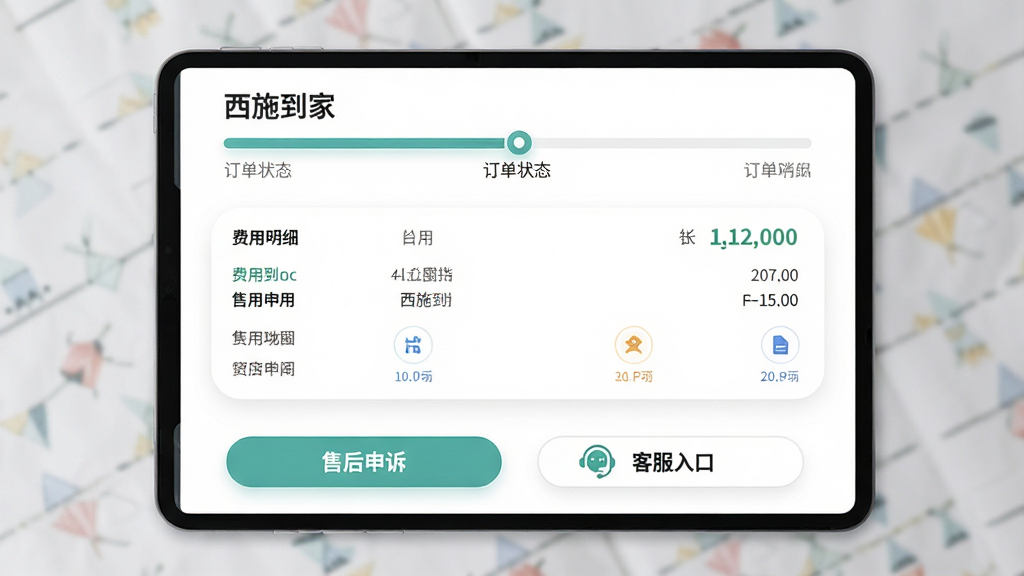 一张订单详情页插图,页面顶部是“西施到家”订单状态进度条,中间是费用明细列表,底部有售后申诉按钮和客服入口,背景为白色卡片式设计,布局层次分明,风格柔和圆角,细节干净,画质清晰,无多余元素