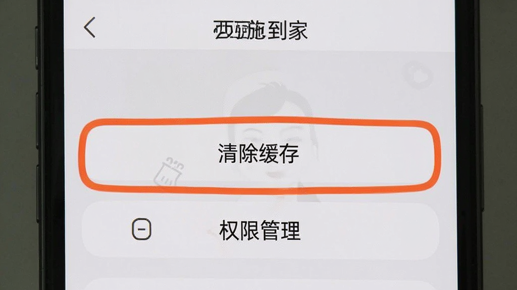 手机屏幕显示“西施到家”设置页面,页面中高亮标注“清除缓存”和“权限管理”两个按钮,背景为浅色界面,布局为纵向列表,风格简洁实用,细节清晰,画质干净,无多余元素