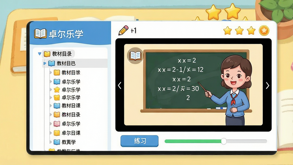 ����չʾ��׿����ѧ���̲�ͬ��ѧϰҳ�棬��Ļ���Ϊ�̲�Ŀ¼�����Ҳ�Ϊ����΢�β��Ŵ��ڣ���������ʾ��ͨ��ʦ������ѧ�⣬�ײ�����ϰ��ť�������������Ϊǳ��ɫ�������������ֲ������ҷ����Ű棬���Ϊ��ͨ�����廭��ϸ�ڰ����α�ͼ�ꡢǦ��ͼ�������ǽ�����ʶ�������������ɾ����޶���Ԫ��