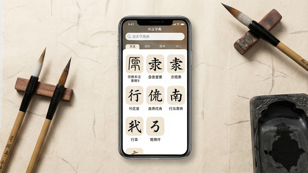 һ��չʾ�鷨�ֵ��ֻ�Ӧ�ý����дʵ���ͼƬ����������ڷ�һ�������ֻ�����Ļ��ʾ�鷨�ֵ�Ӧ����ҳ���������������·���������ʽչʾ׭�����鿬��������������������ͼ�꣬����Ϊǳ��ɫ��ֽ��������Χɢ��ë�ʺ���̨�����岼�־��жԳƣ�����������£�ϸ�ڰ���Ӧ��ͼ������ֱ�ʶ�����������ɾ����޶���Ԫ��