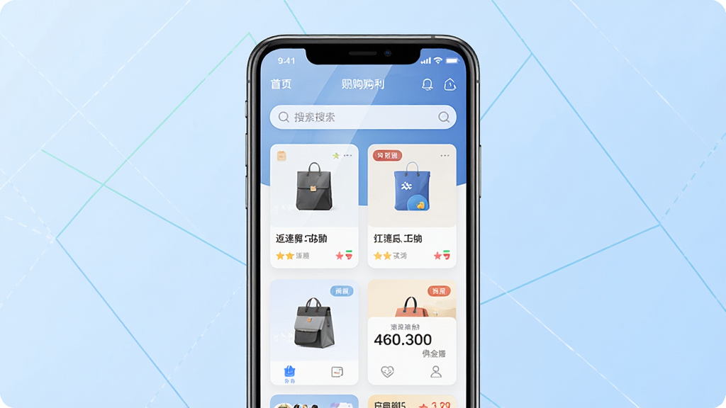 Ʒ��ͨ�ֻ�Ӧ��������չʾ������Ϊһ���ִ������ֻ����з��ã���Ļ����ʾ���ﷵ����APP��ҳ��������Ʒ��Ƭ���������Ӷ�����֣������������࣬�Ű�������½ṹ�����Ϊ�ִ���ƽ���Ƽ��У�ϸ������Ļ����΢���⣬����Ϊǳ��������伸�����������ʸ��壬�ɾ����޶���Ԫ��