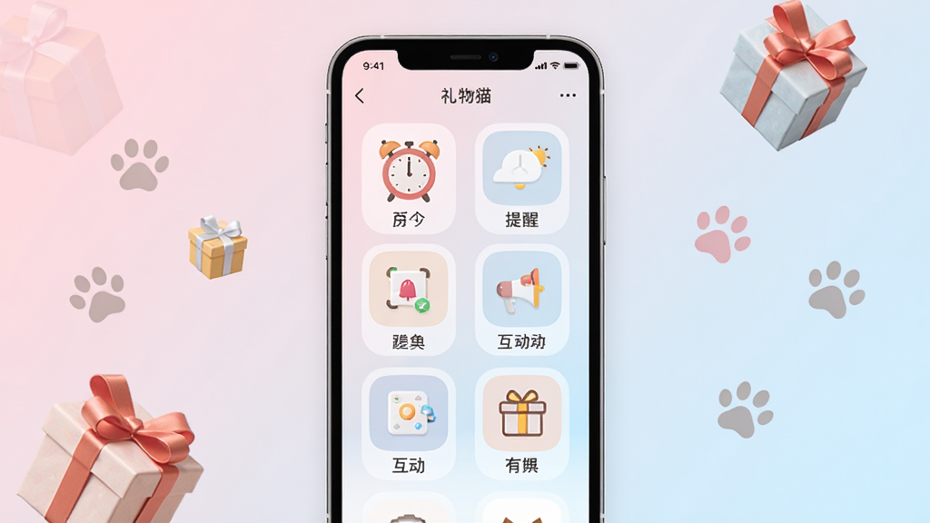 ����è�ֻ�Ӧ�ý���չʾ������Ϊһ�����з��õ������ֻ�����Ļ����ʾ����èApp�����棬�������ӡ����ѡ��������ߵ�ͼ�꣬���ּ������������Ϊ��͵�ǳ���뵭�����䣬������¿ɰ���ϸ�����ֻ���Χ��׺С�������è��צӡԪ�أ����ʸ��壬����ɾ����޶���Ԫ�أ������Ű�������Ȼ