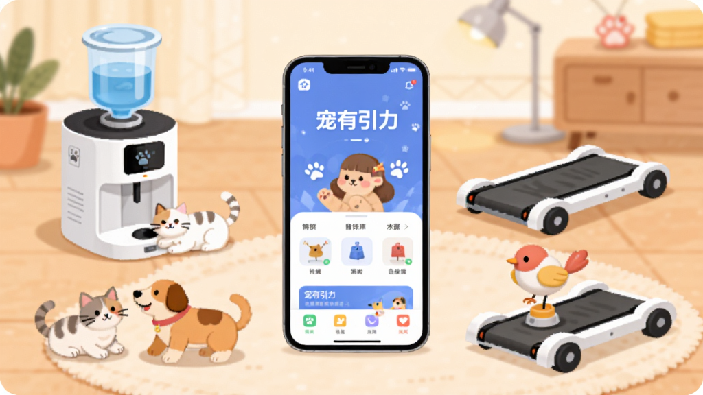 ��������չʾһ�������ֻ�����Ļ��ʾ������������App����ҳ���棬��Χ������������ˮ�����Զ����ܳ�������С����ߵȳ��������豸�����������ܰ�ľӼ����賡�������ֲ������ķ���ʽ��ͼ�����Ϊ�ִ���ƽ�廭�磬ϸ�ڰ�������è�����豸����ˣ�����������������ɾ����࣬�޶���Ԫ�ء�