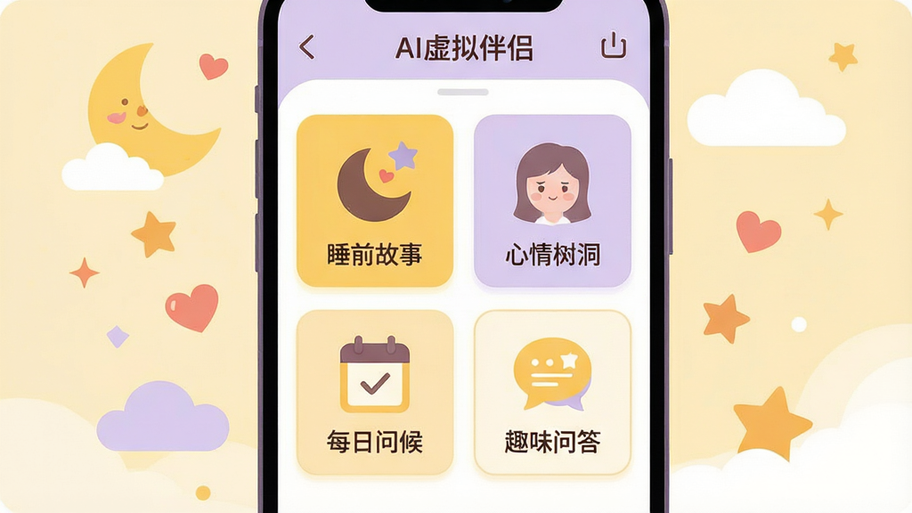 画面以“AI虚拟伴侣”软件的功能场景为主题,中央是一部手机屏幕展示着四个功能卡片图标,分别标注“睡前故事”“心情树洞”“每日问候”“趣味问答”,卡片周围环绕着月亮、云朵、爱心、星星等装饰元素,主体居中,排版为两行两列网格,风格为温暖治愈系扁平插画,细节上配色以暖黄和淡紫为主,画质高清,画面干净无多余元素
