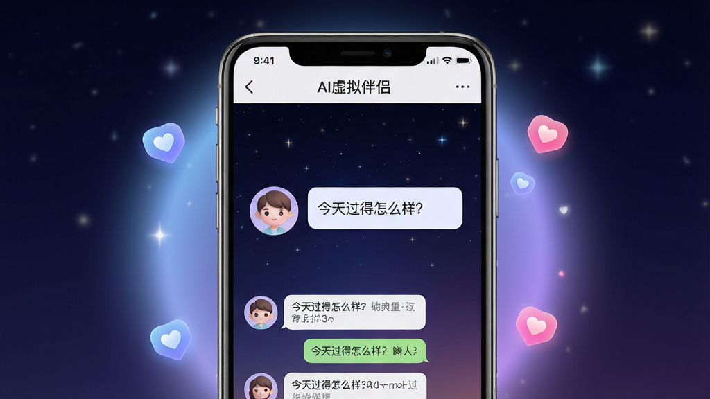 整体画面为一部竖屏安卓手机,屏幕中展示着一款名为“AI虚拟伴侣”的聊天界面,界面中央是一个可爱的虚拟人物头像正在发送消息气泡,气泡内文字为“今天过得怎么样?”,手机周围环绕着柔和的蓝紫色光晕与漂浮的爱心图标,背景为深色星空渐变,布局居中对称,风格为现代科技感与温馨治愈系结合,细节上手机边框有金属光泽,聊天记录清晰可见,画质为高清渲染,画面干净整洁,无多余杂乱元素